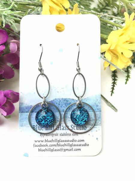 Geometric Fused Glass Dangle Earrings - Circle Oval - Multiple Colors