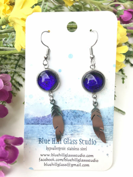 Feather Dichroic Fused Glass Dangle Earrings - Multiple Colors