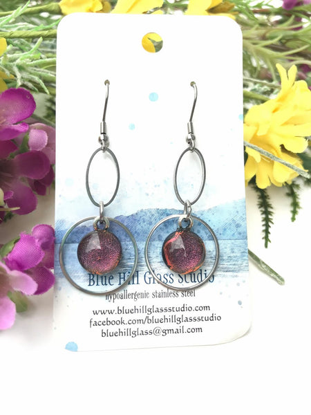 Geometric Fused Glass Dangle Earrings - Circle Oval - Multiple Colors