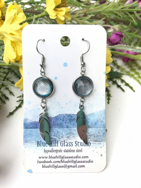 Feather Dichroic Fused Glass Dangle Earrings - Multiple Colors