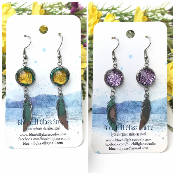 Feather Dichroic Fused Glass Dangle Earrings - Multiple Colors