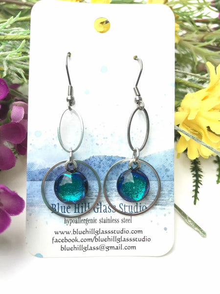 Geometric Fused Glass Dangle Earrings - Circle Oval - Multiple Colors