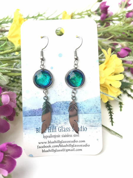 Feather Dichroic Fused Glass Dangle Earrings - Multiple Colors