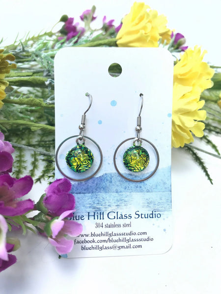 Circle Geometric Dichroic Fused Glass Drop Earrings - Gift for Her - Gift for a Friend - Simple Lightweight - Blue - Green - Pink