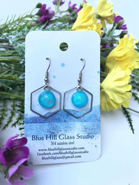 Hexagon Dichroic Fused Glass Earrings - Geometric Dangle - Gift for Her - Gift for a Friend - Modern Simple Lightweight - Blue - Baby Blue