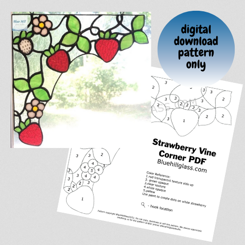 Strawberry Vine Corner Stained Glass Pattern - Digital Download PDF - Fruit Stained Glass Patterns - Strawberries Stained Glass Pattern